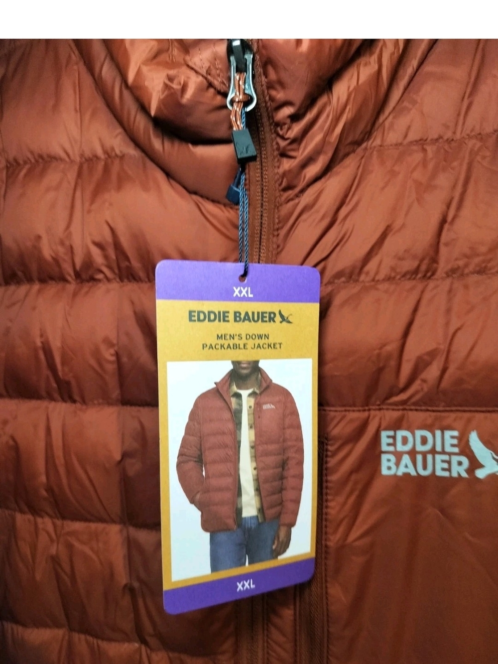 Eddie Bauer Men’s XXL Brown Packable Down Puffer Jacket 650 Fill NWT - Picture 6 of 8